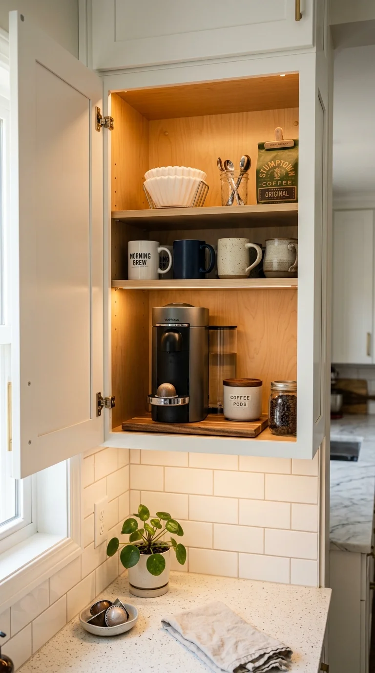 003 Cabinet Coffee Nook An open white kitchen cabinet