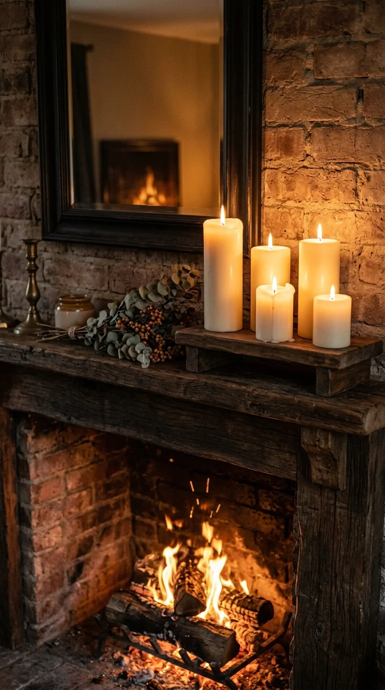 003 Candle Cluster Glow A fireplace mantel with a clus
