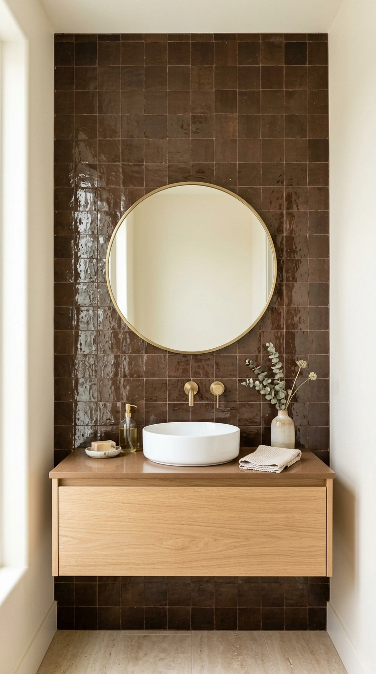003 Chocolate Zellige Tile A single wall of glossy cho