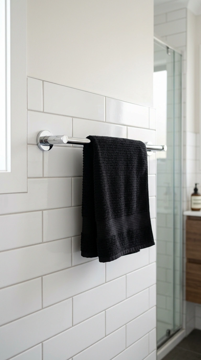21 Bathroom Wall Decor Ideas for Black, Red & Chrome Themes + Smart Shower Storage 4 003 Chrome Towel Bar A bathroom wall with a polished c