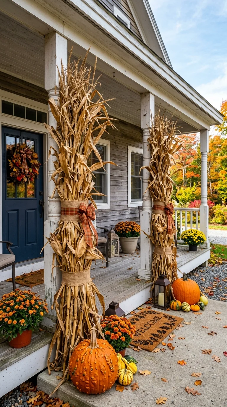 003 Corn Stalk Bundles A front porch with two tall bun