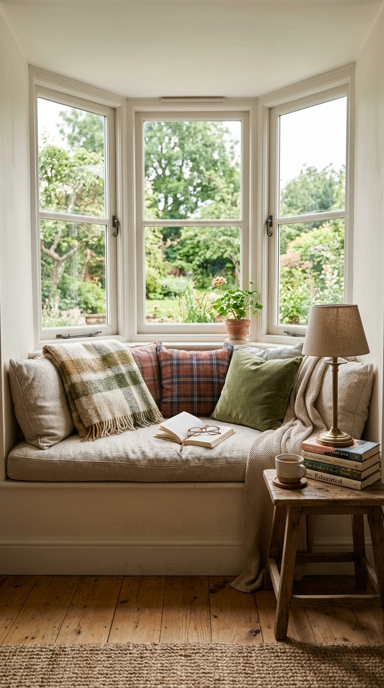 003 Cushioned Reading Nook A bay window nook with a si