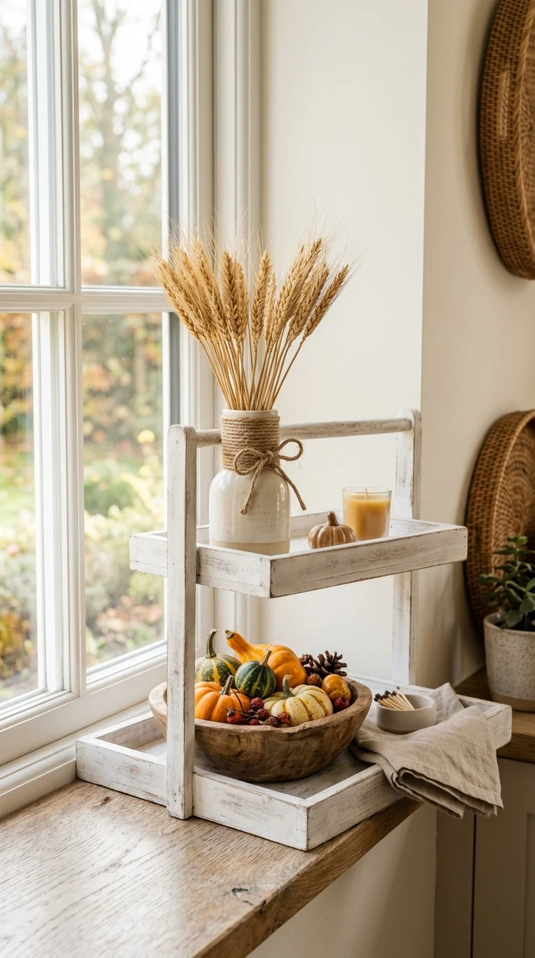 003 Dried Wheat Tray A tiered tray by a window with a