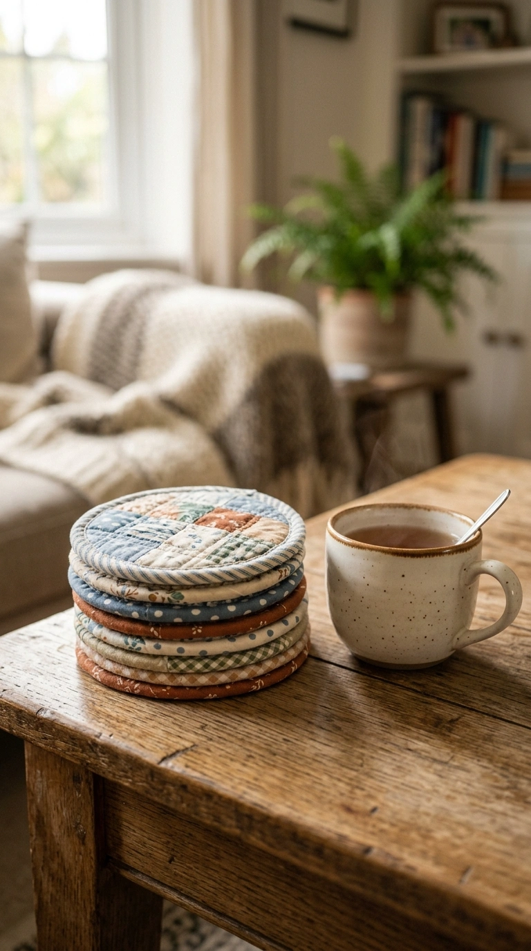 003 Fabric Scrap Coasters A set of six handmade fabric