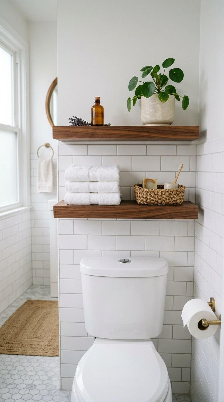 003 Floating Wood Shelves A small bathroom with two fl