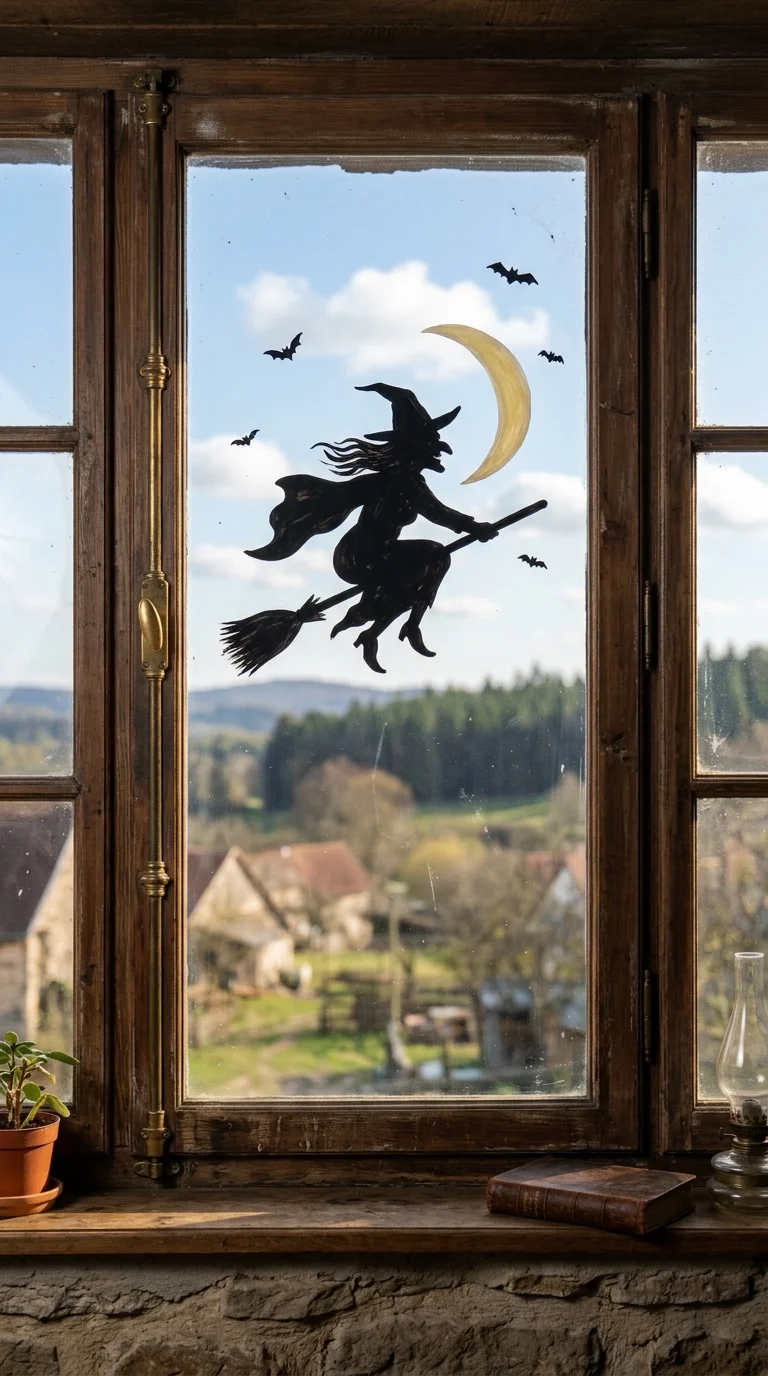 22 Halloween Window Painting Ideas to Make Your Home Stand Out 4 003 Flying Witch Silhouette A tall window painted with