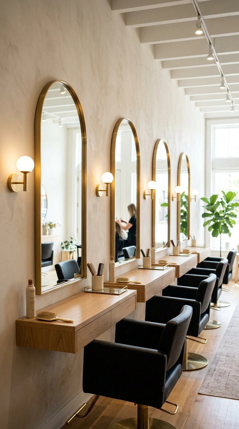 22 Stunning Beauty Salon Interior Design Ideas on a Budget 4 003 Gold Accent Mirrors A row of salon styling station