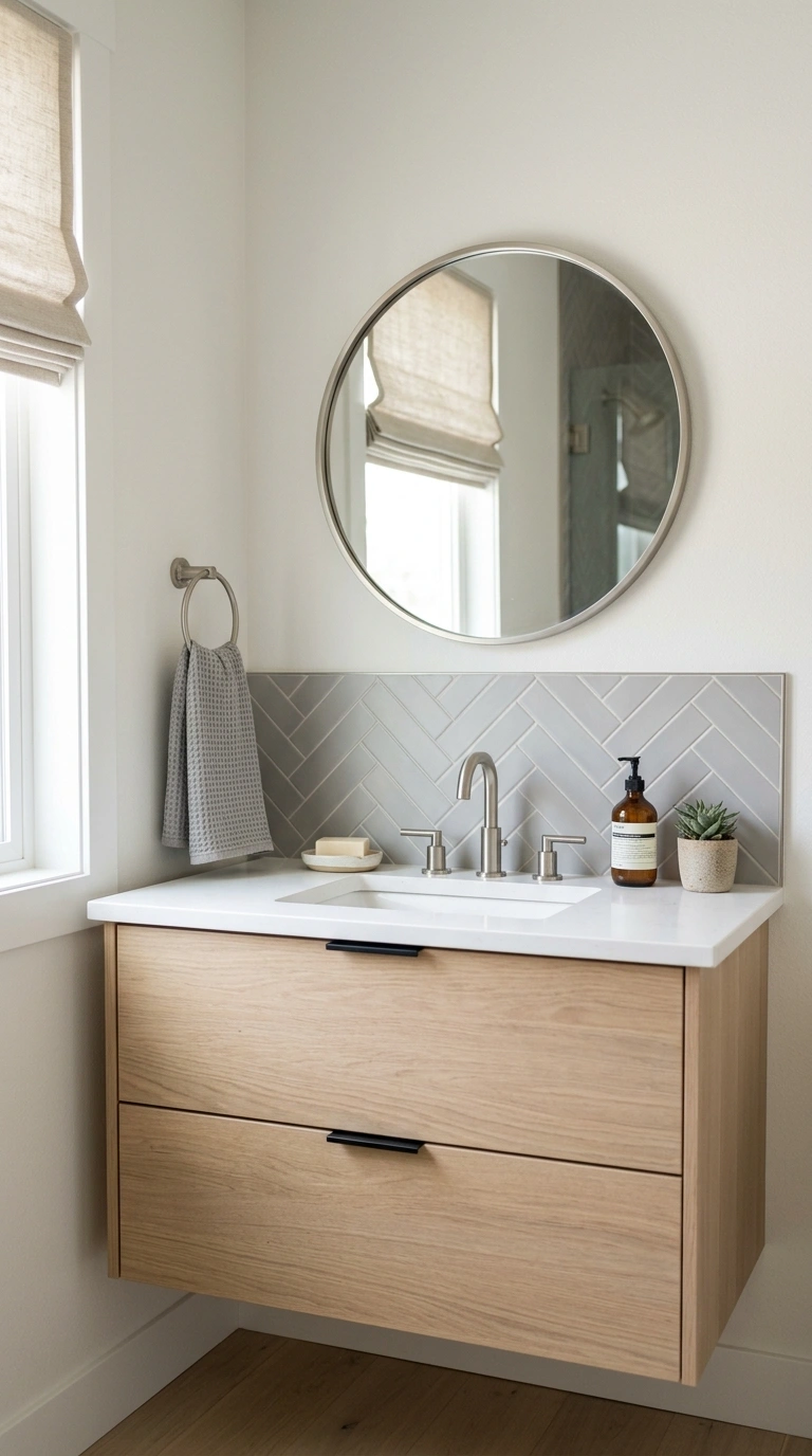24 Bathroom Backsplash Ideas For Every Budget And Style 4 003 Herringbone Tile Pattern A white oak vanity with a