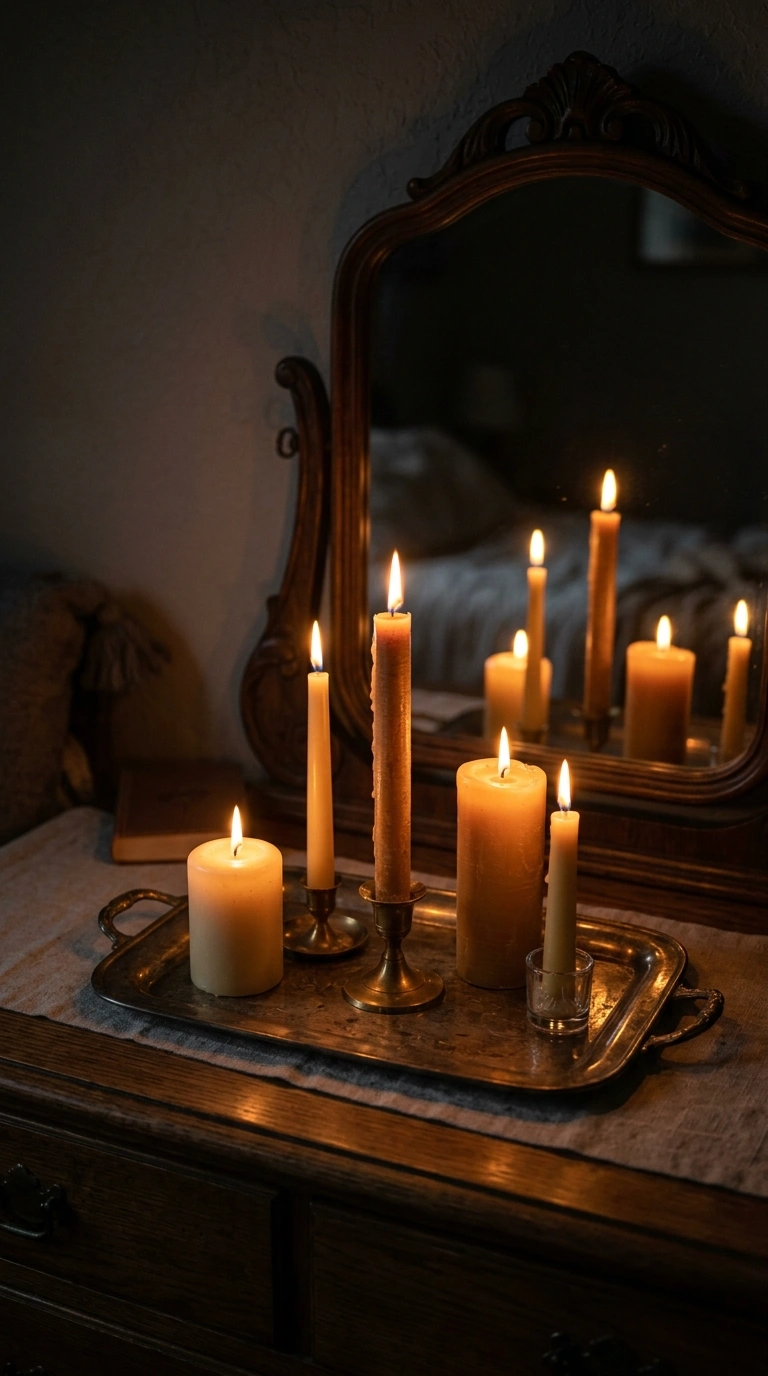 003 Layered Candle Trays A dresser with a metal tray h