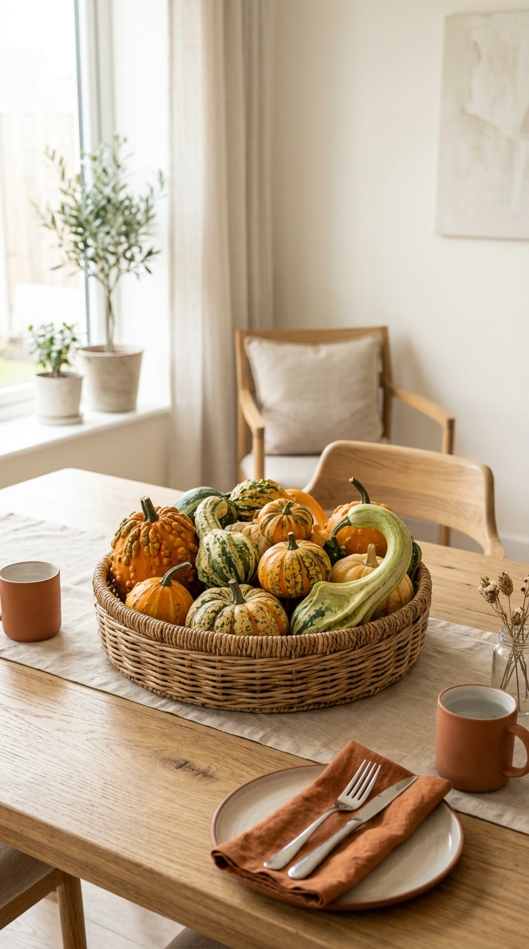 16 Beautiful Fall Basket Ideas to Add Seasonal Charm 4 003 Layered Gourd Basket A dining table with a medium