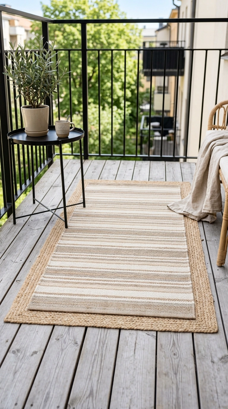 003 Layered Outdoor Rug A small balcony floor with a w