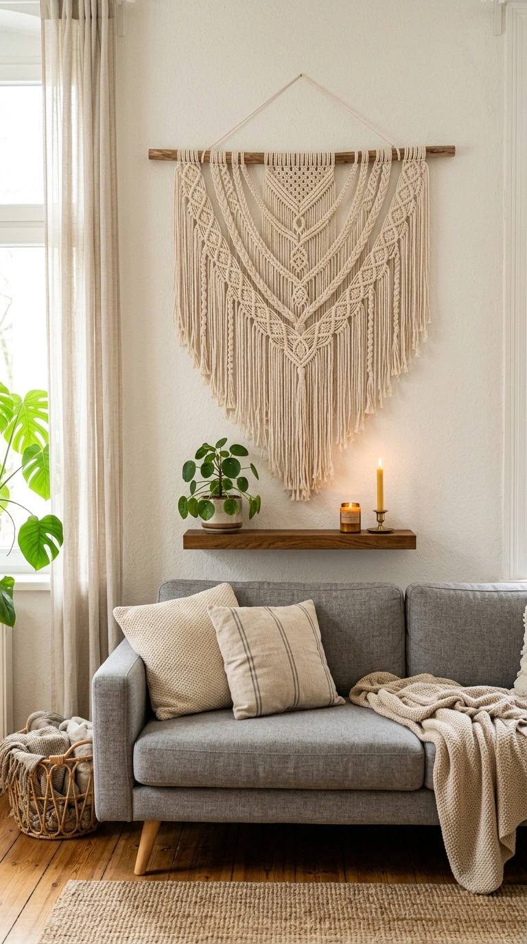 003 Macrame Wall Hanging A grey fabric couch with a la