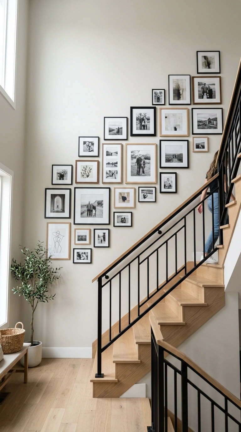 003 Mixed Frame Sizes A staircase wall with a loosely