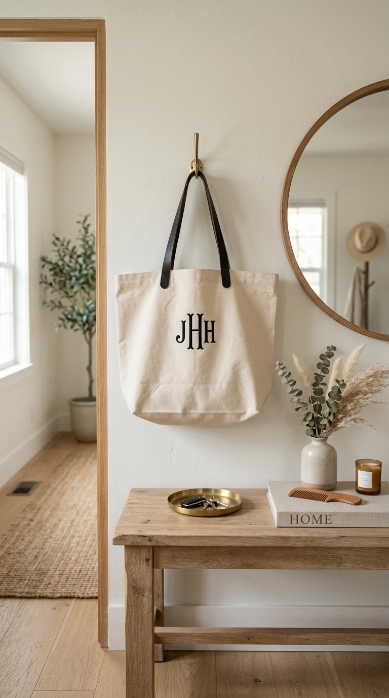 003 Monogrammed Tote Bags A neutral entryway table wit