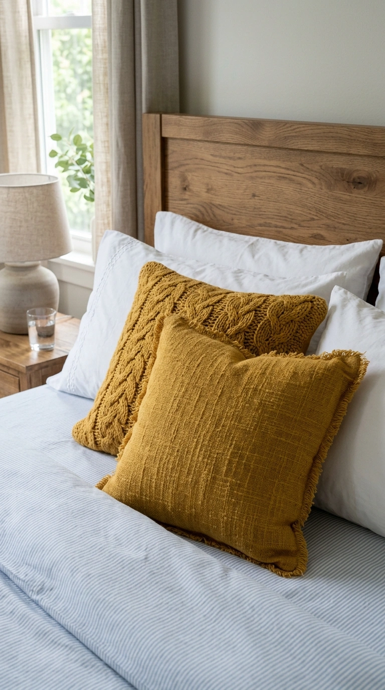 003 Mustard Throw Pillows Close up styled view of a be