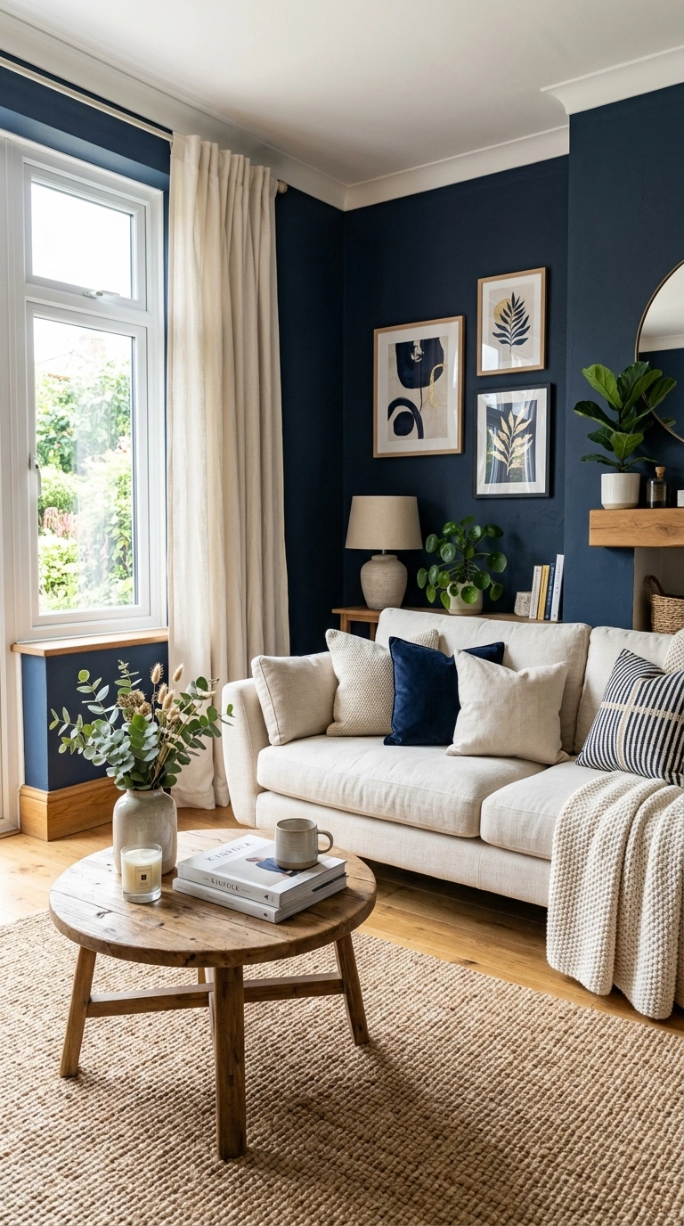 21 Colors That Pair Perfectly With Navy Blue 4 003 Navy And Cream A living room with navy blue accent