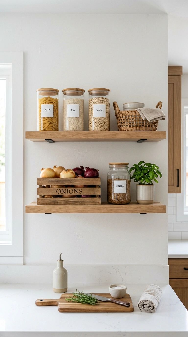 003 Open Shelf Pantry Two wooden open shelves on a whi