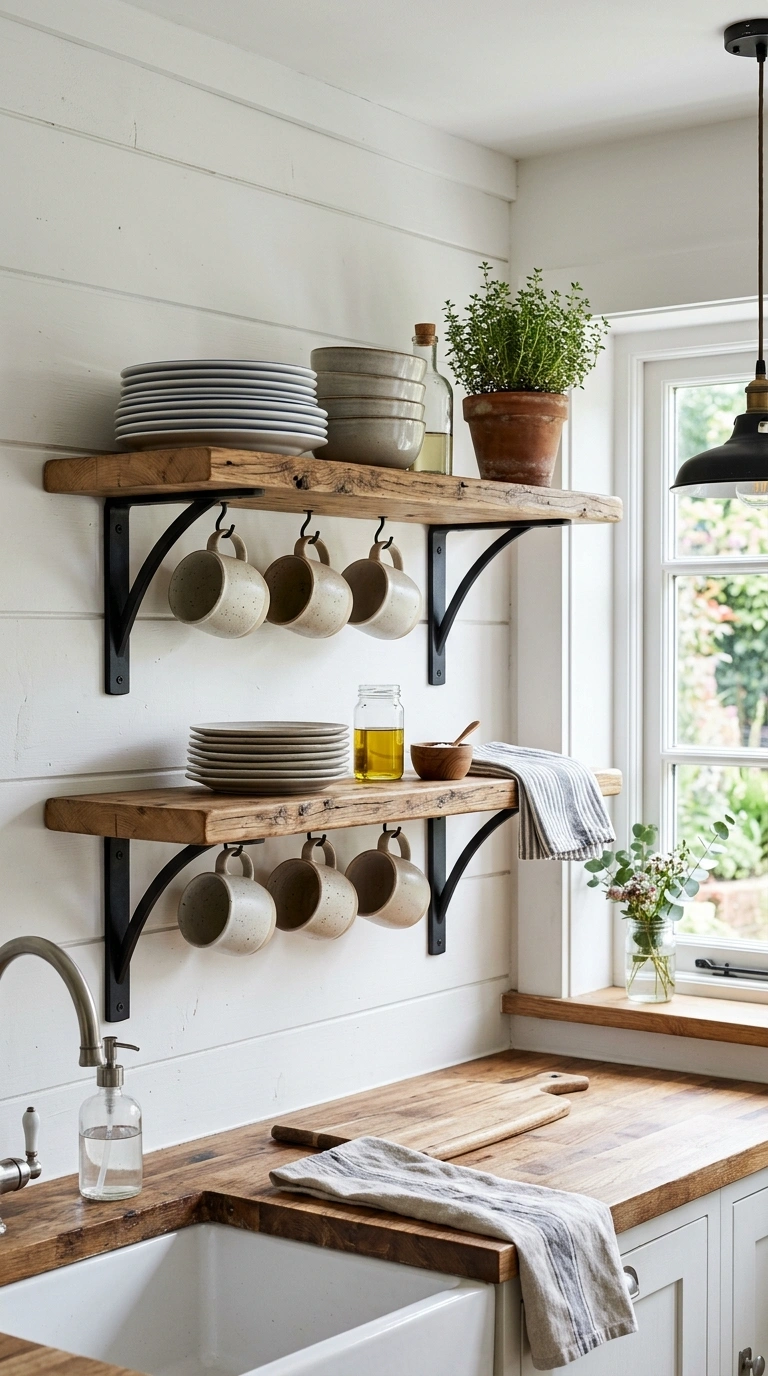 003 Open Wood Shelving A farmhouse kitchen wall featur