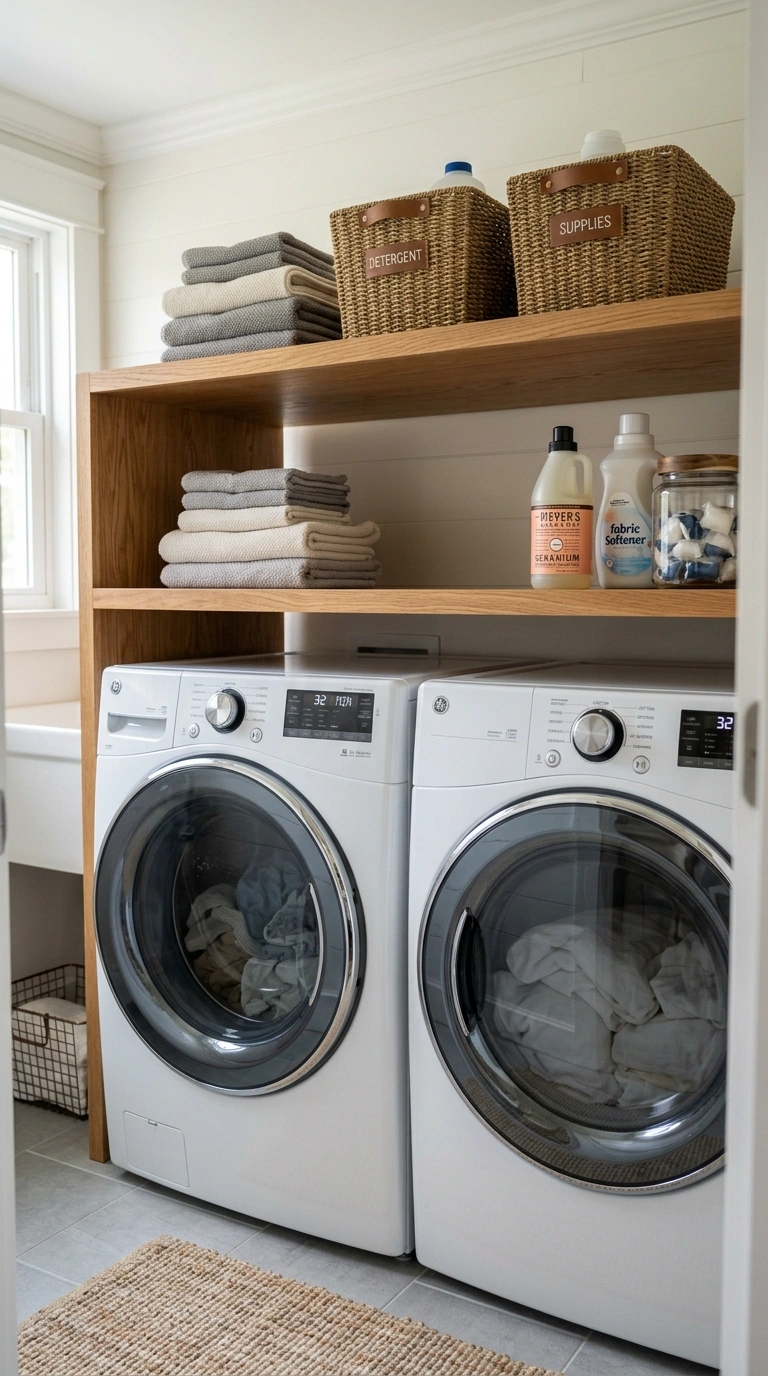 18 Inspiring Super Small Laundry Room Ideas for Apartment Renters 4 003 Over Machine Shelf A freestanding wood shelf spann