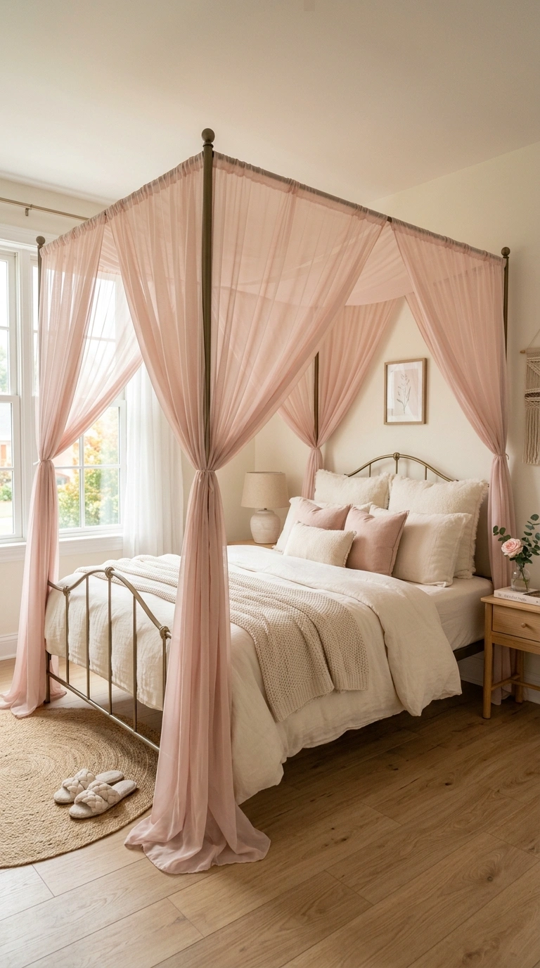003 Pink Canopy Bed A bedroom with a metal canopy fram