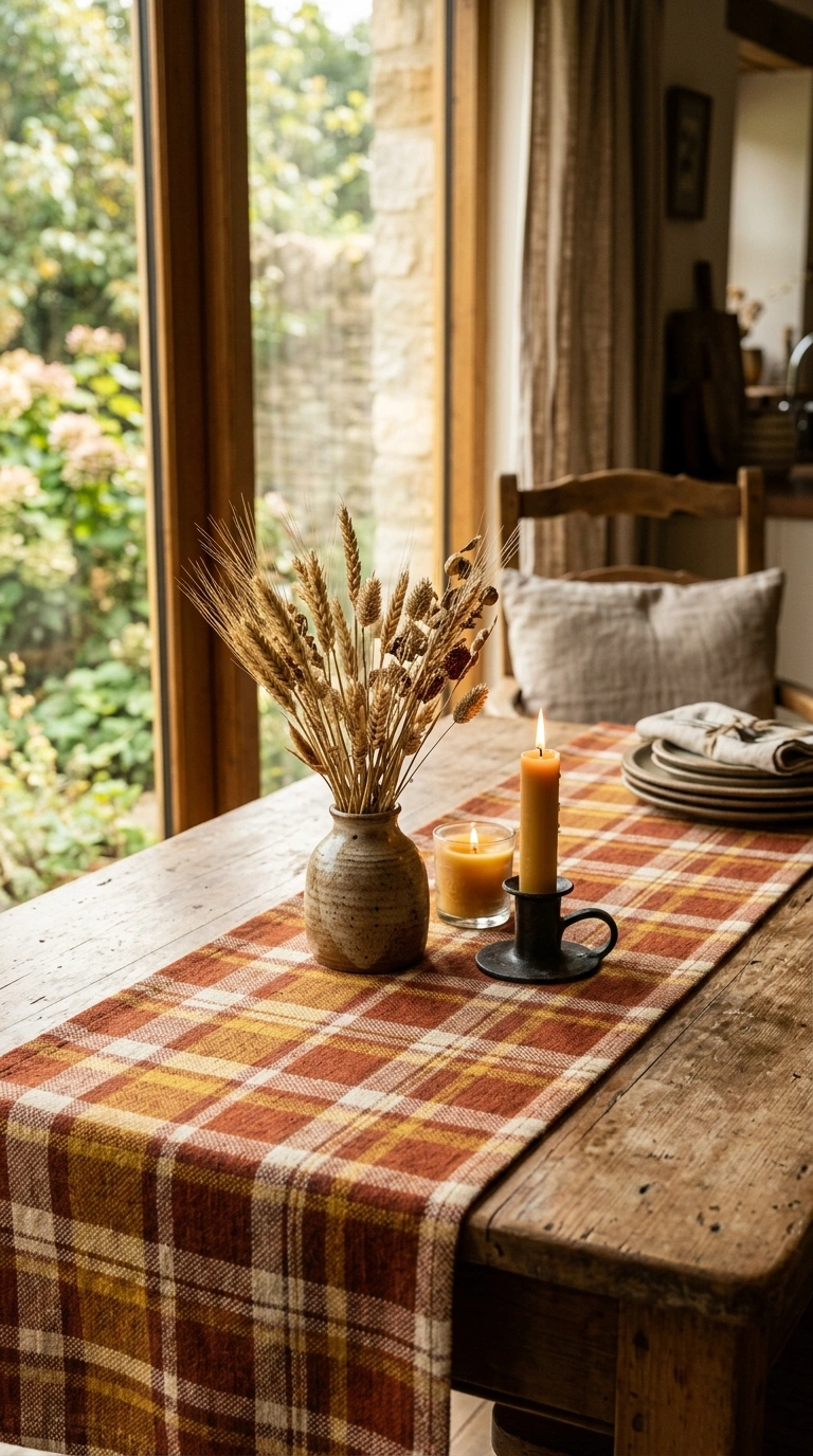 16 Gorgeous Fall Kitchen Ideas for a Warm and Cozy Home 4 003 Plaid Table Runner A rust and mustard plaid table