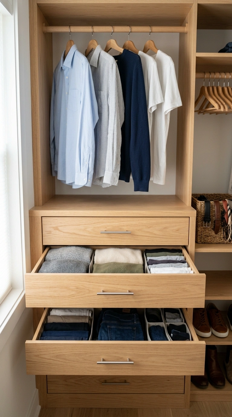 003 Pull Out Drawer System A light wood closet drawer