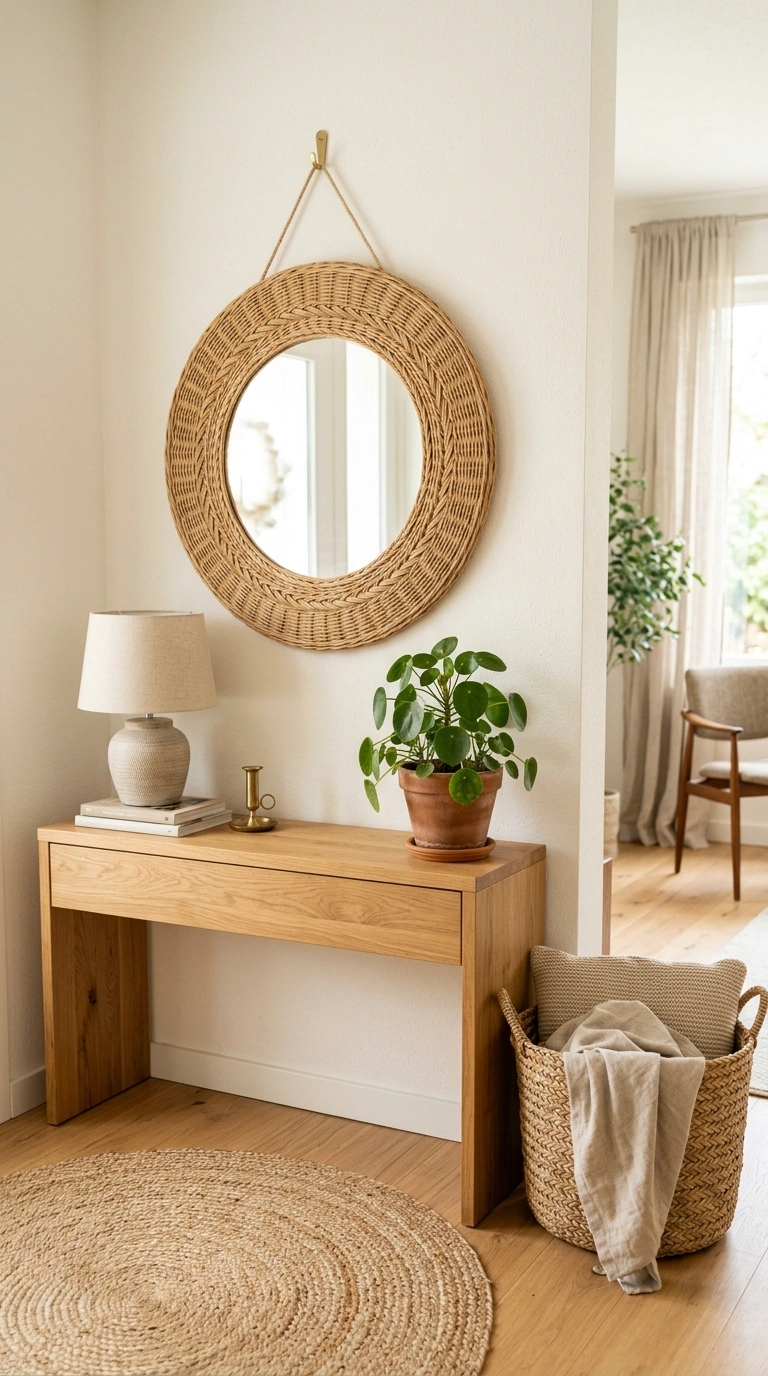 18 Jaw-Dropping Entryway Mirror Ideas You'll Love 4 003 Rattan Framed Mirror A round mirror with a natural