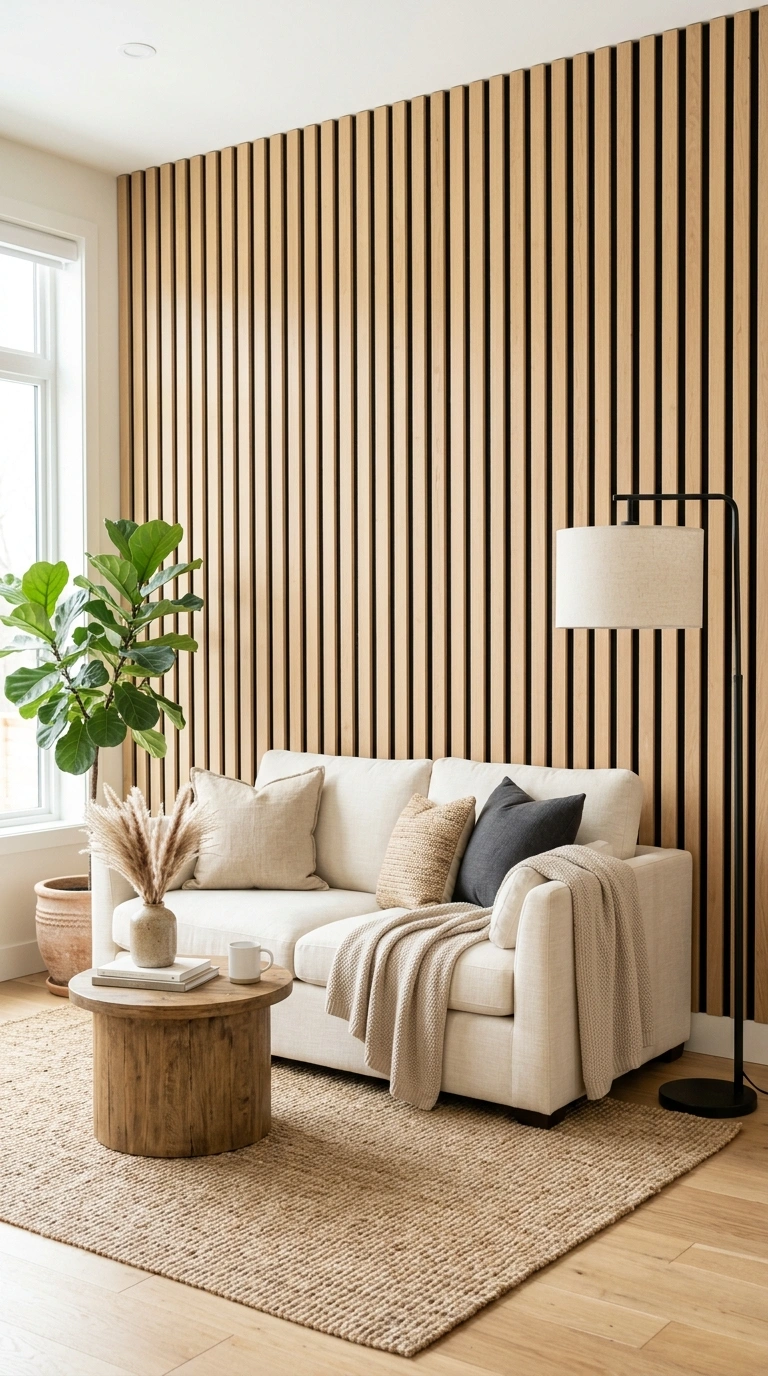 19 Easy Wall Ideas To Make Any Room Look New 4 003 Slat Panel Wall A living room with a wall of verti