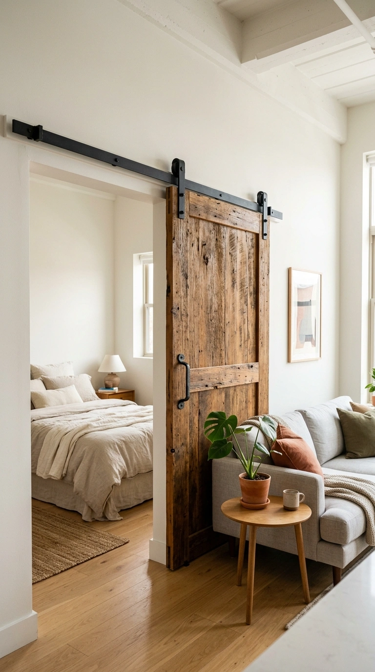 21 Smart Bedroom Divider Ideas for Stylish Studio Apartments 4 003 Sliding Barn Door A rustic wood sliding barn door