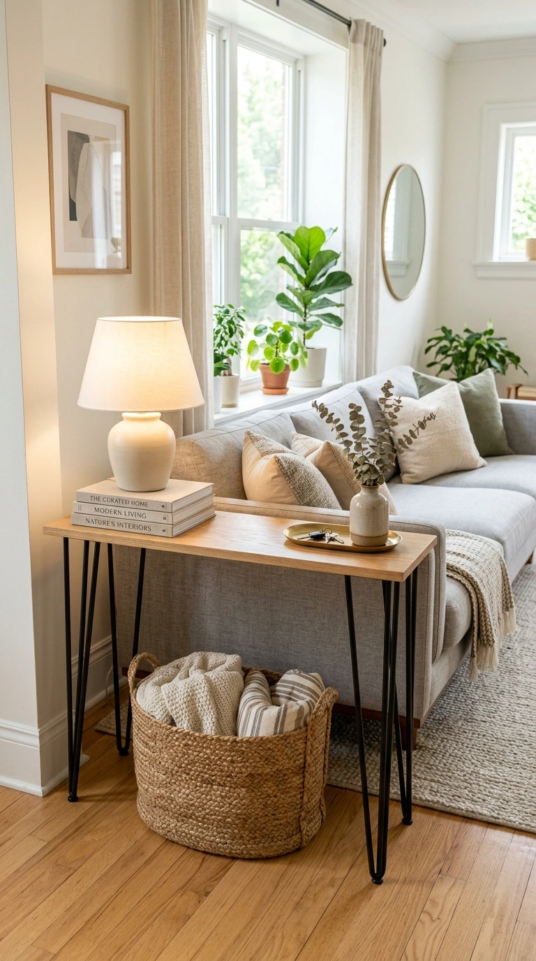 003 Slim Console Table A narrow wood console table wit
