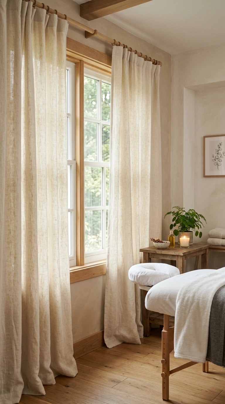24 Dreamy Massage Room Ideas for Your Own Home Spa 4 003 Soft Linen Curtains Pale cream linen curtains hang