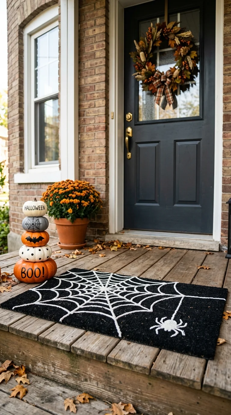 21 Dollar Tree Halloween DIY Ideas for a Spooky Home 4 003 Spider Web Doormat A black doormat with a white pu
