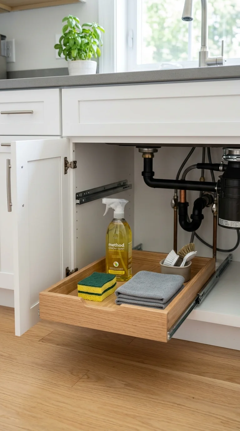 003 Under Sink Pull Outs A cabinet under a kitchen sin
