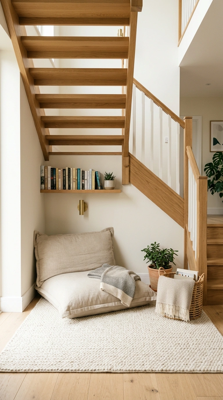 23 Simple Reading Nook Ideas You Can Set Up Today 4 003 Under Stairs Nook A nook under a wooden staircase