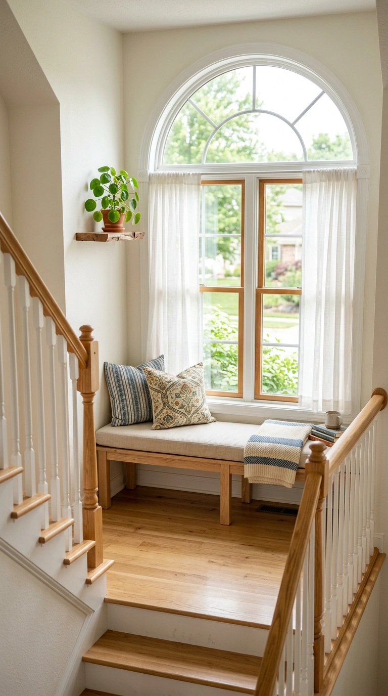 19 Stair Landing Decor Ideas to Make the Most of Your Space 4 003 Window Bench Nook A stair landing beneath a large