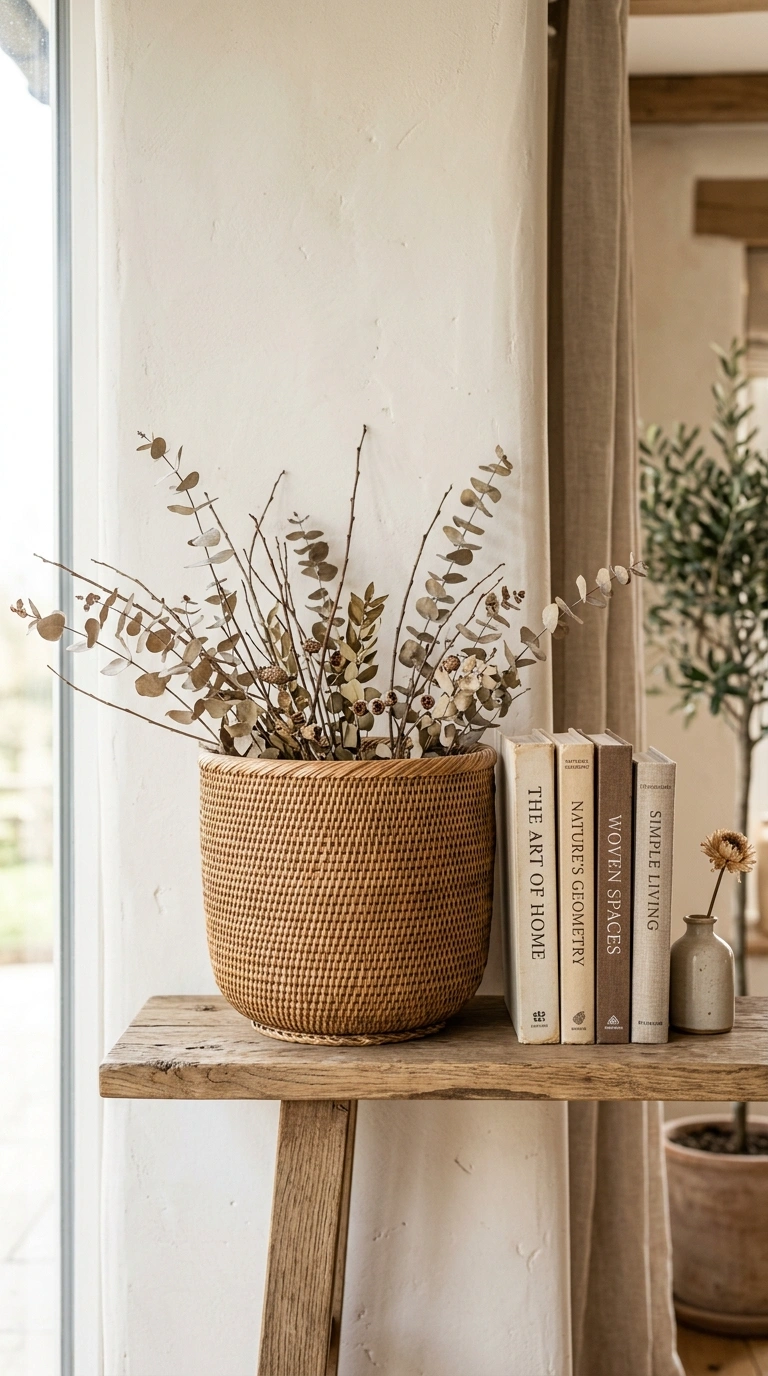 19 Trendy Fall Shelf Decor Ideas for Any Room 4 003 Woven Basket Accent A rattan basket placed on a sh