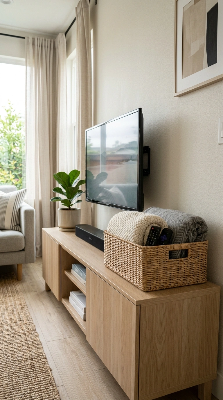 003 Woven Basket Storage A light wood TV console with