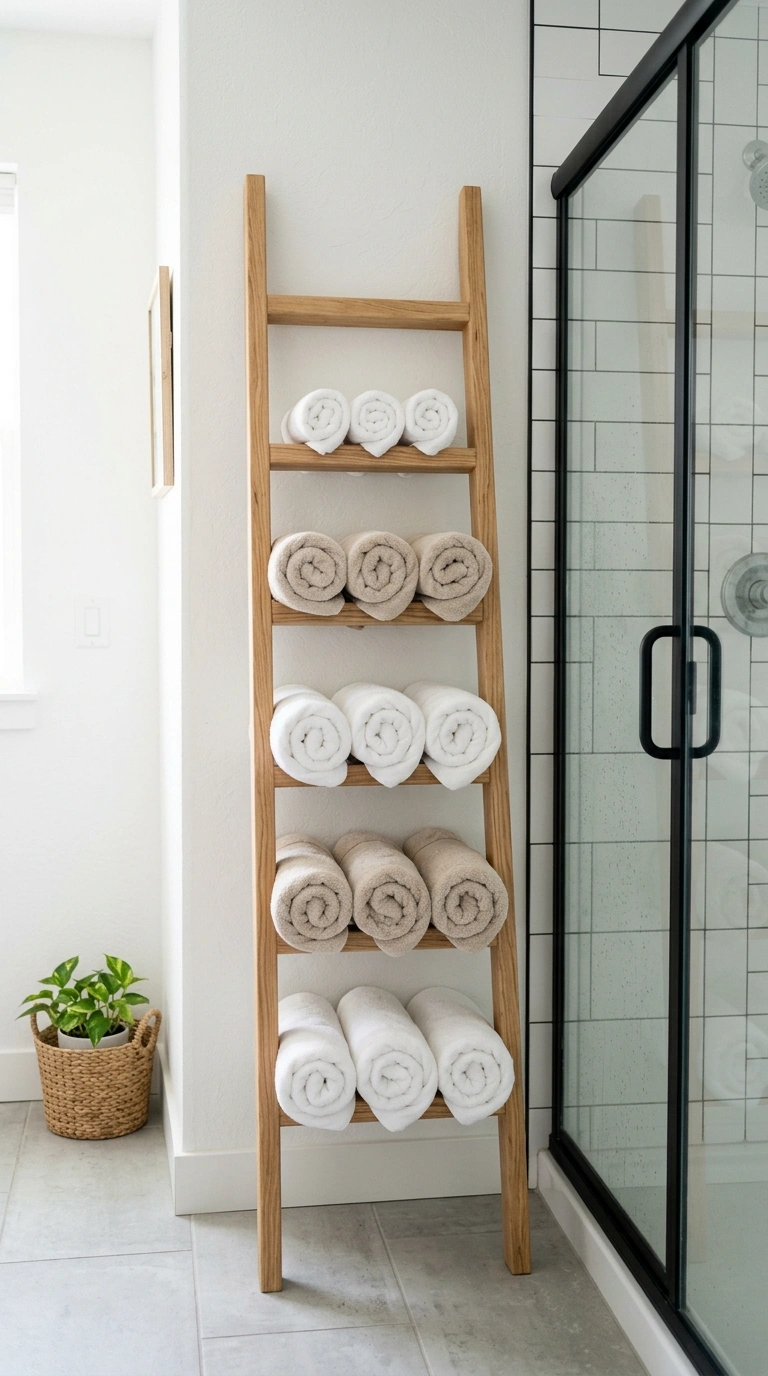 004 4 Vertical Storage Ladder A light oak wooden ladde
