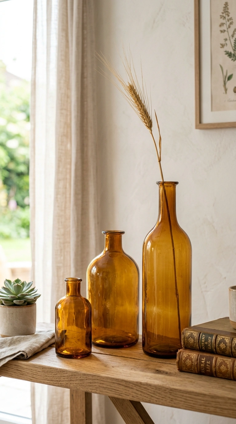 19 Trendy Fall Shelf Decor Ideas for Any Room 5 004 Amber Glass Vases A shelf styled with three amber