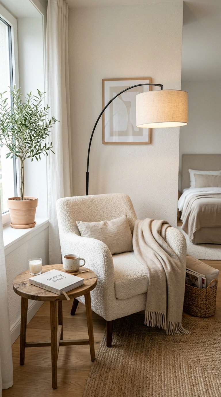 23 Simple Reading Nook Ideas You Can Set Up Today 5 004 Bedroom Corner Chair A boucle armchair set at an a