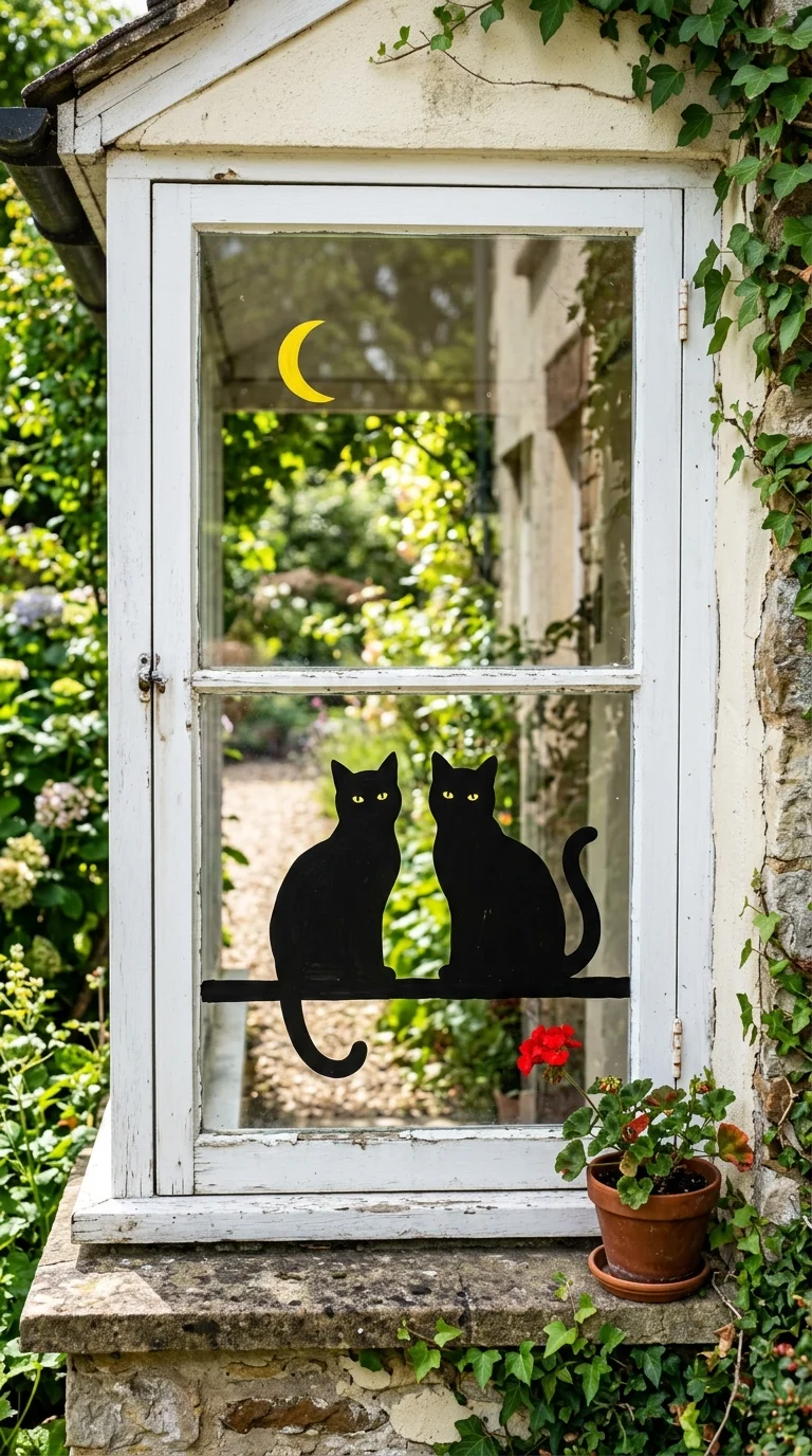 22 Halloween Window Painting Ideas to Make Your Home Stand Out 5 004 Black Cat Duo A lower home window painted with two
