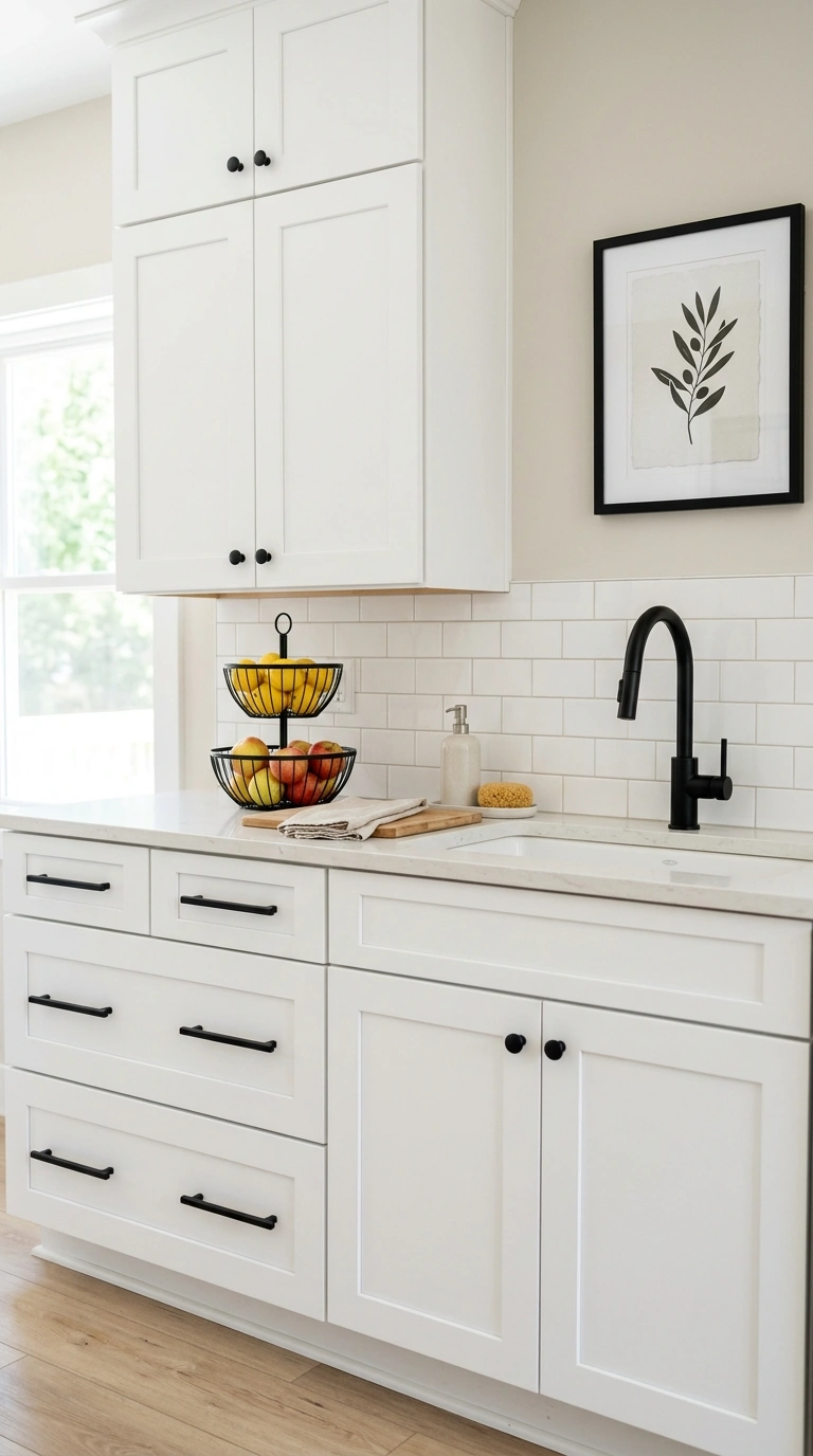 004 Black Hardware Accents White shaker cabinets with