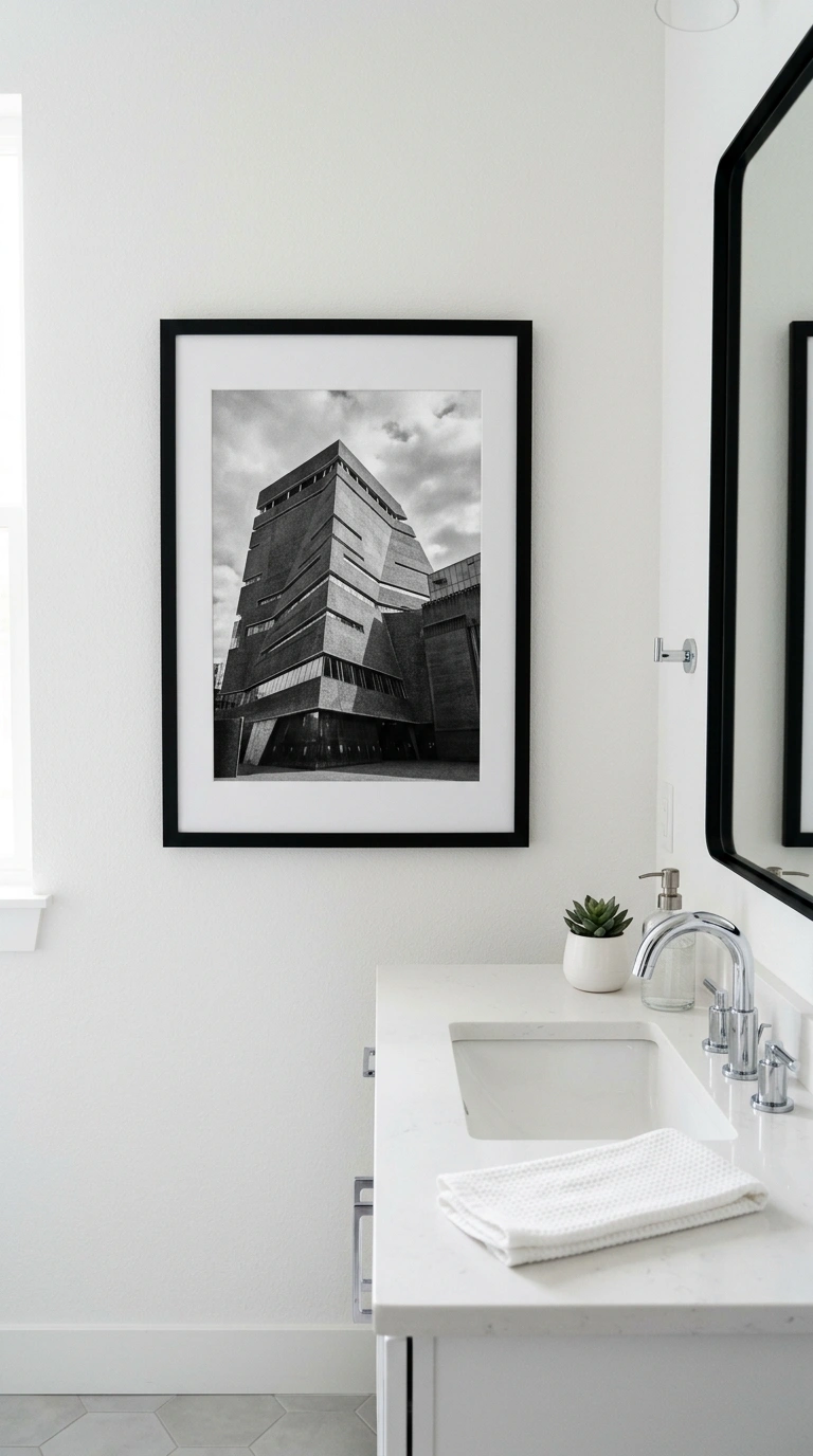 21 Bathroom Wall Decor Ideas for Black, Red & Chrome Themes + Smart Shower Storage 5 004 Black and White Art A black framed black and white