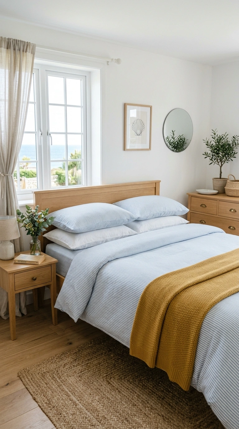 004 Blue Striped Bedding A bright bedroom with white w