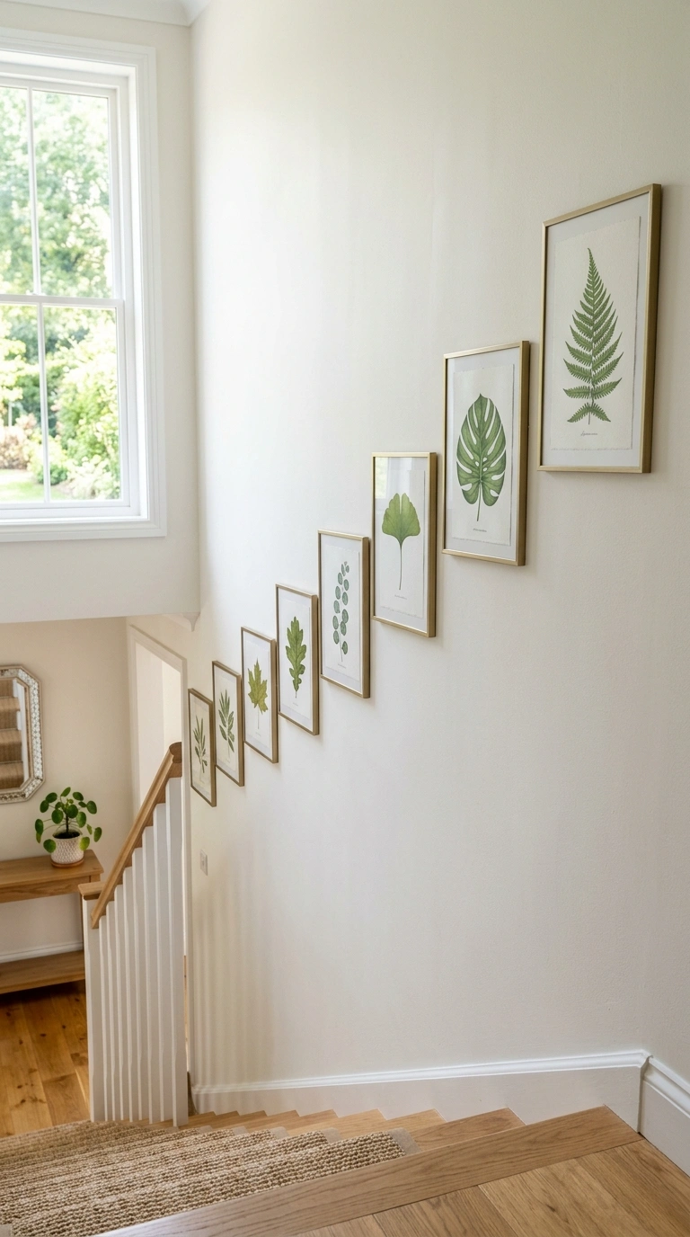004 Botanical Print Row A staircase wall lined with a
