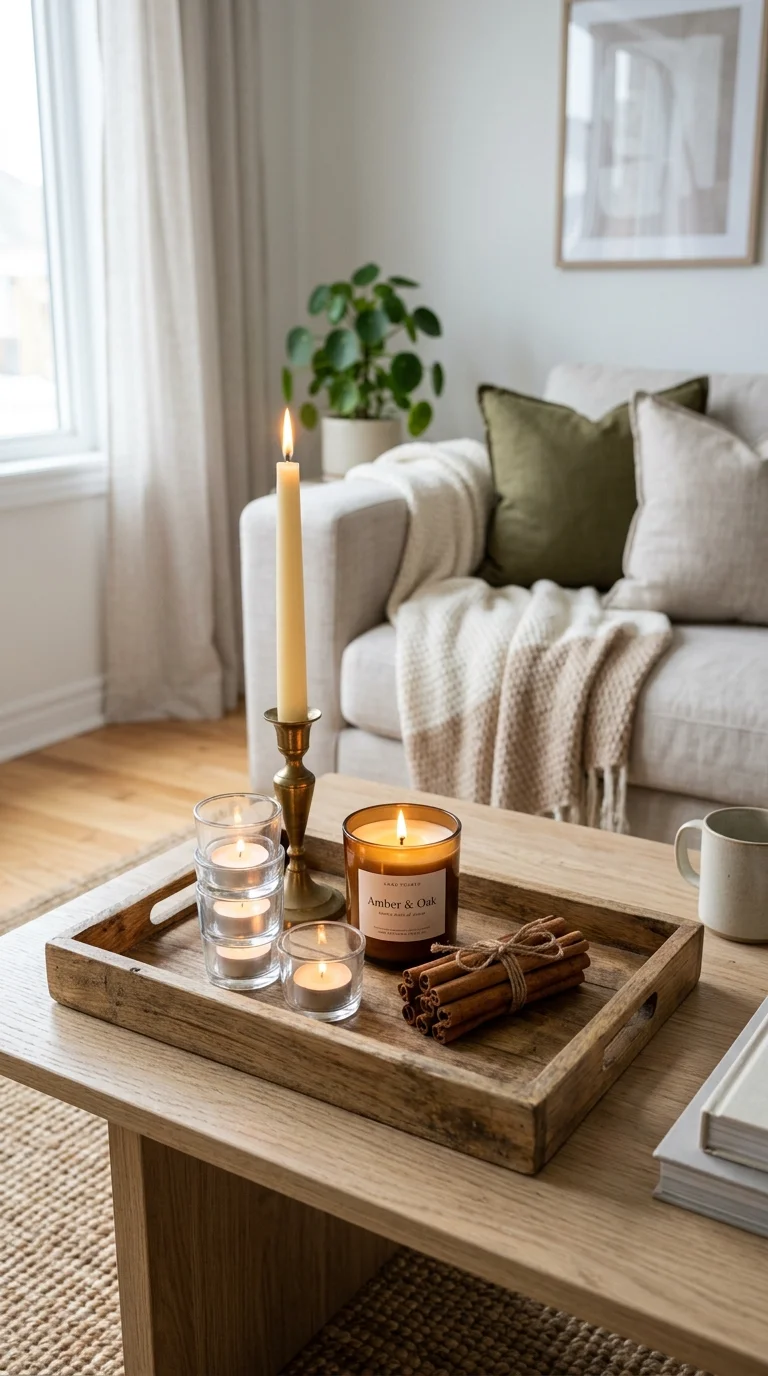 004 Candle Glow Tray A tray on a coffee table with a t
