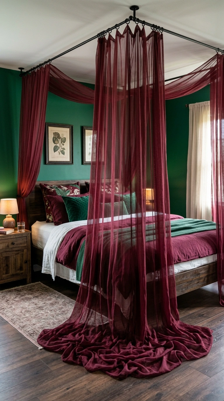 004 Canopy Bed Drapes A bed with sheer burgundy fabric