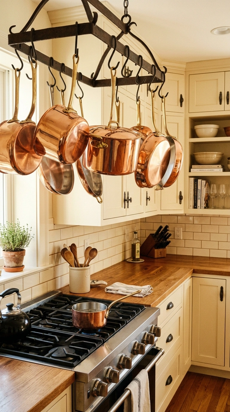 16 Gorgeous Fall Kitchen Ideas for a Warm and Cozy Home 5 004 Copper Cookware Display Polished copper pots and p