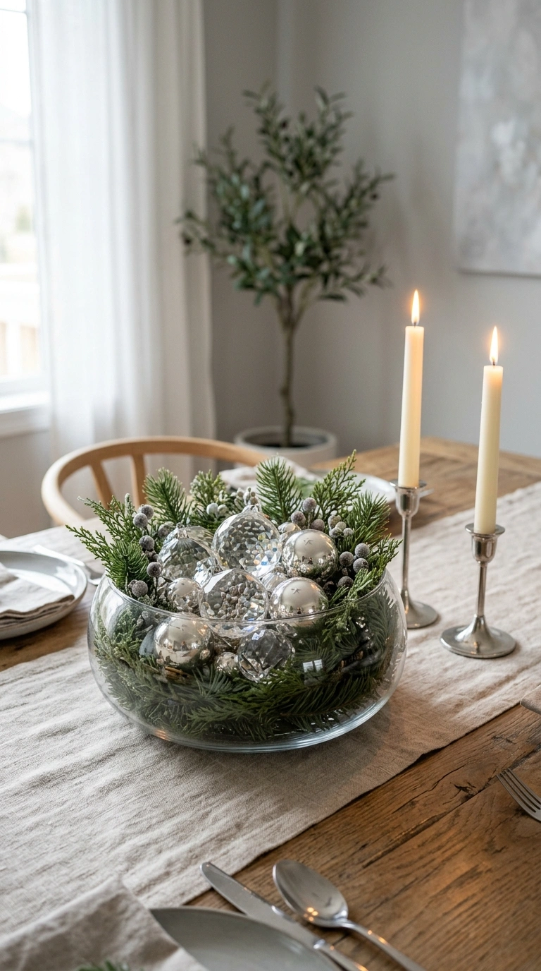 004 Crystal Ornament Cluster A glass bowl filled with