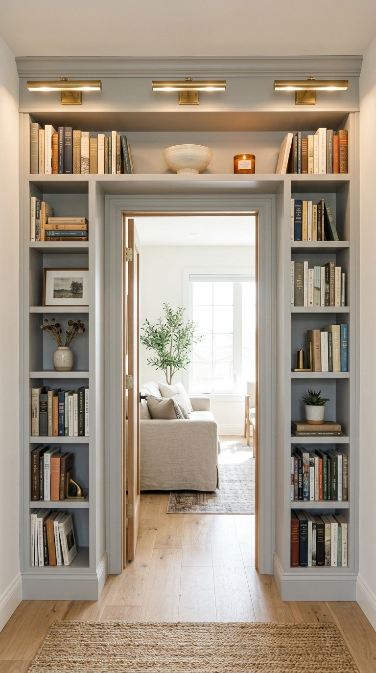 21 Small Home Library Ideas for Book Lovers 5 004 Doorway Built Ins Built in bookshelves framing an